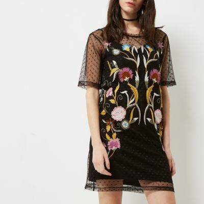 Black embroidered mesh T-shirt dress